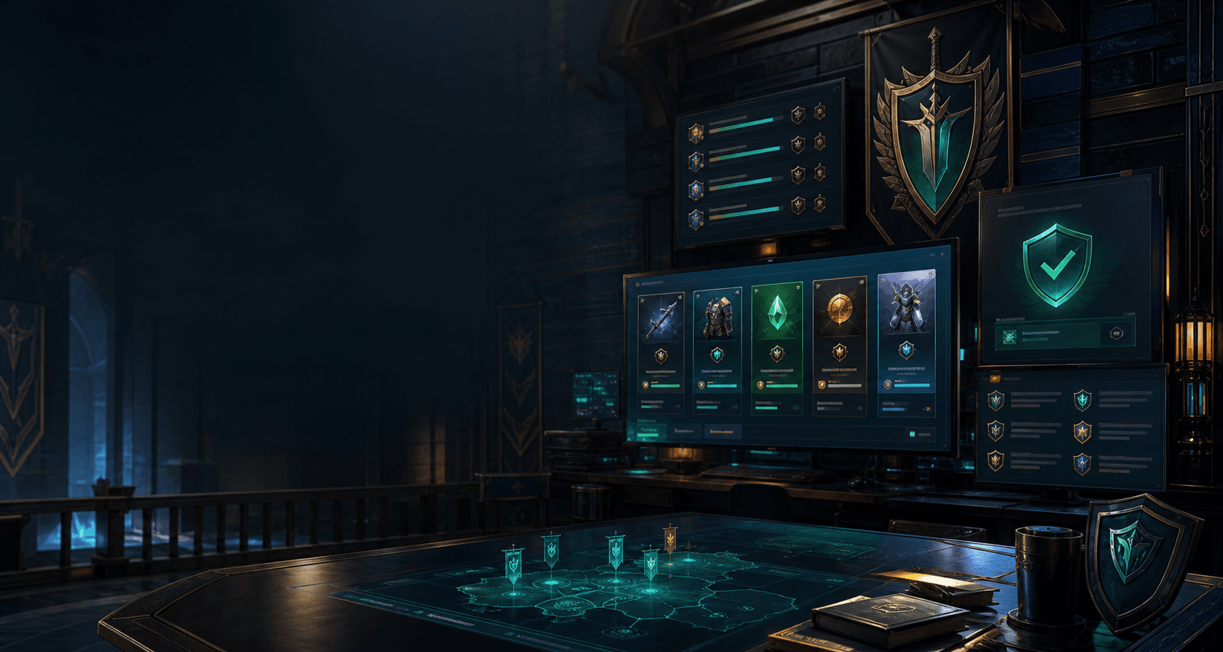 Guild command room with marketplace dashboards and trust badges