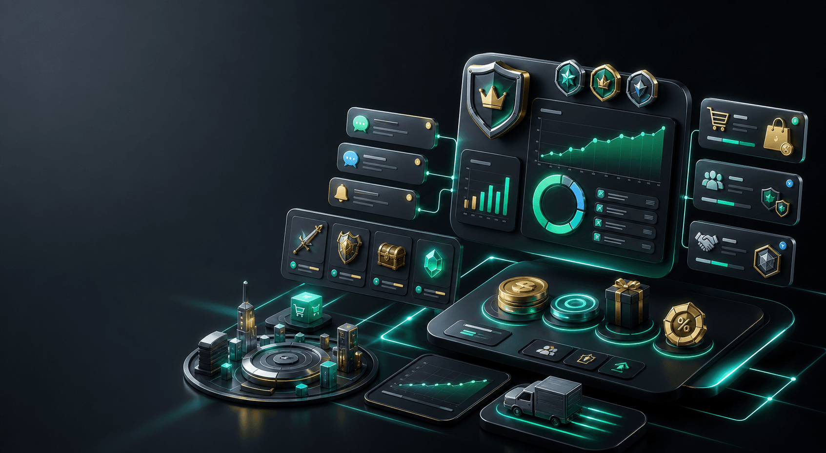 Product update dashboard with marketplace cards, rewards, seller teams, and delivery signals