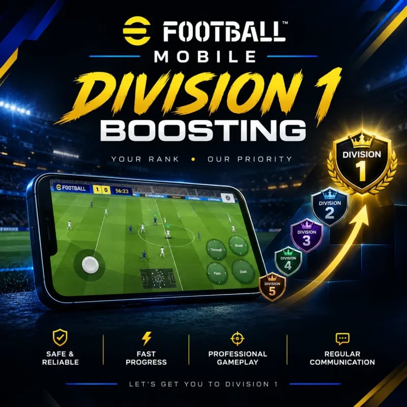 eFootball Mobile Division 1 Boosting Service  Description: I will play on your eFootball Mobile account and help you reach your desired Division.  What you get: • Professional Division boosting