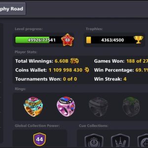8 Ball Pool Account – Level 88, 1.1B Coins, 14 Legendary Cues, Frostblight + Firestorm Cue