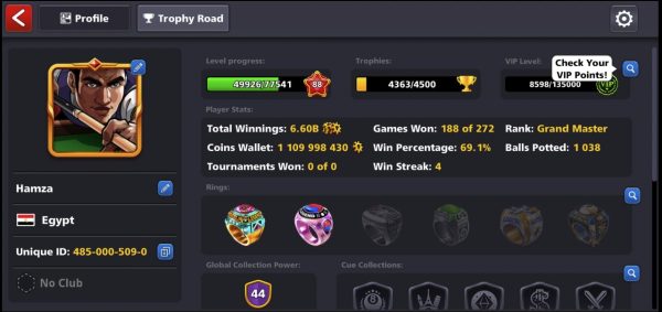 8 Ball Pool Account – Level 88, 1.1B Coins, 14 Legendary Cues, Frostblight + Firestorm Cue