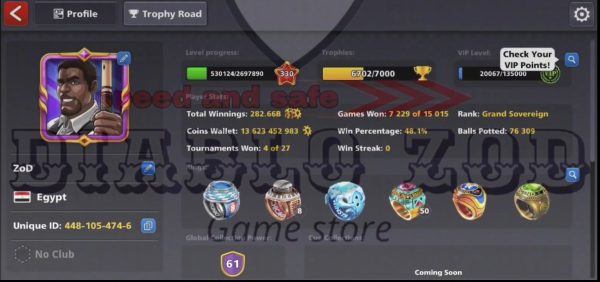 8 Ball Pool Maxed Account for Sale – Lvl 330, 18 Legendary Cues, 13.6B Coins, 50 Berlin Rings