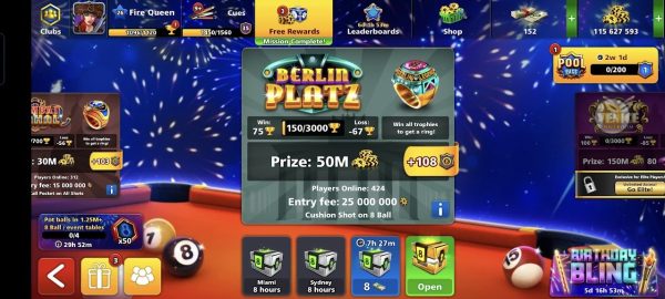 8 Ball Pool Account — 115 MILLION Coins Level 26+ 150+ Cash Limited Cues