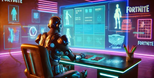 fortnite accounts for sale A futuristic gaming scene inspired by Fortnite aesthetics, without any text. A digital warrior in colorful armor sits at a glowing desk with a large h